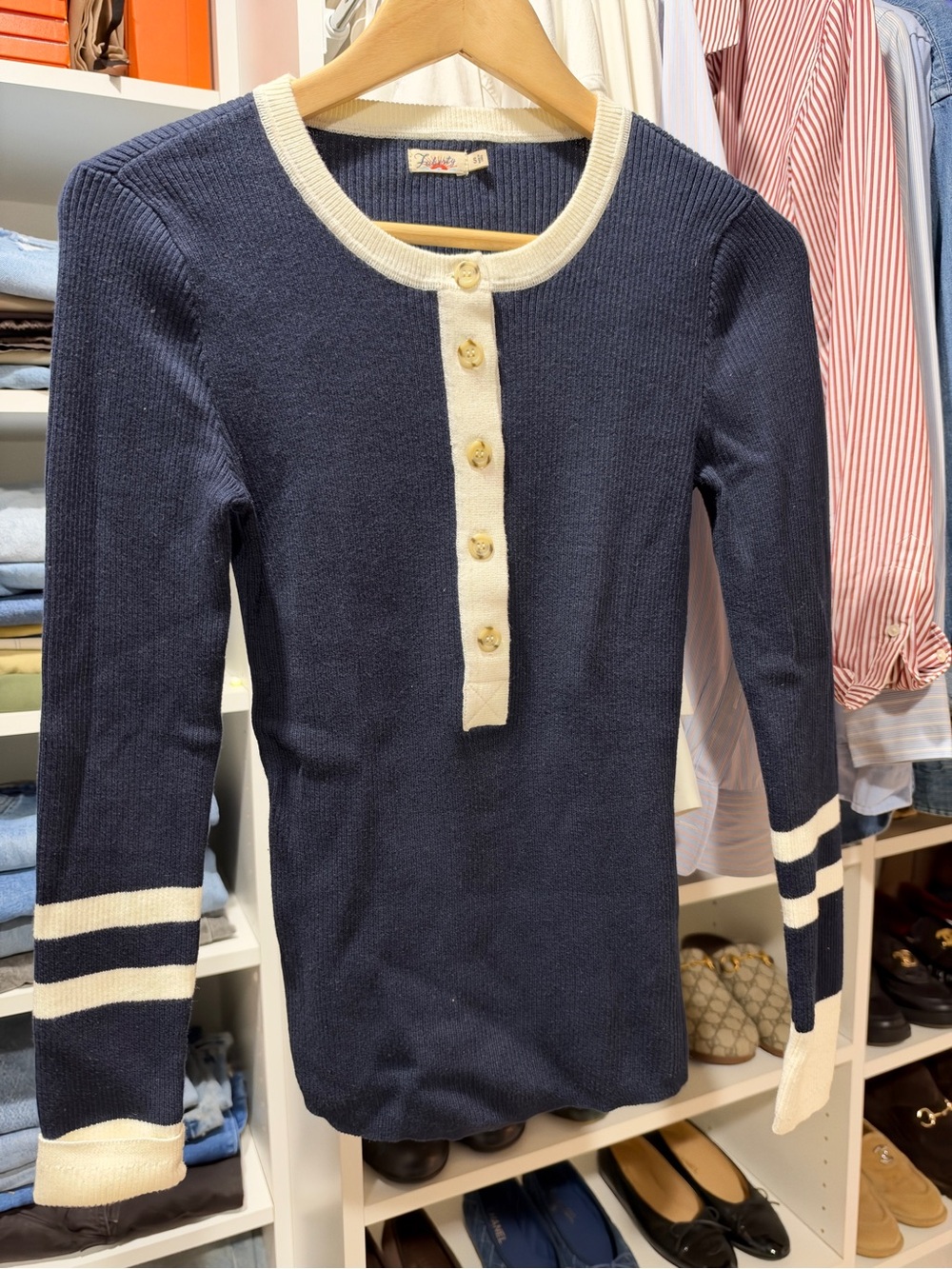 Faherty Navy Ribbed Henley with White Trim - Kids Long Sleeve - Picture 7 of 7
